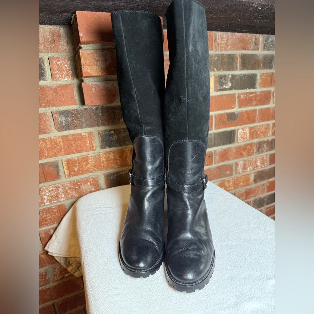MOTO Lug Sole Etienne Aigner Knee High Black Suede Rear Zipper Boots Comfy Biker